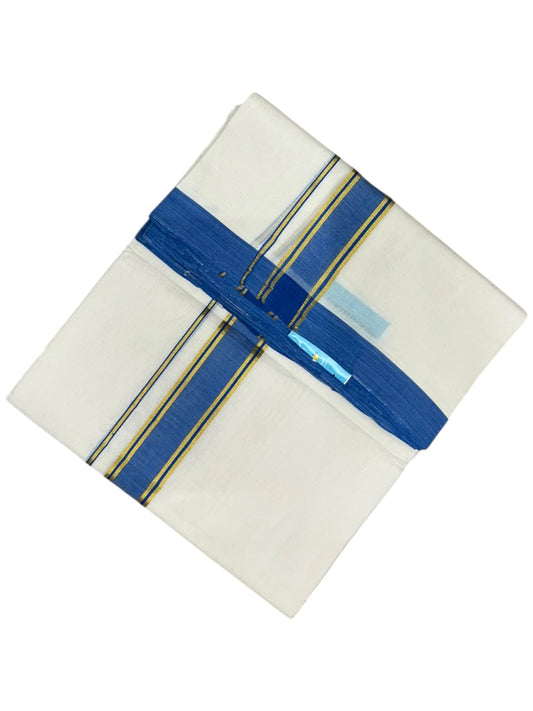 Southloom Balaramapuram Unakkupaavu Premium Handloom Cotton Double Mundu with Gold Kasavu and Blue Border