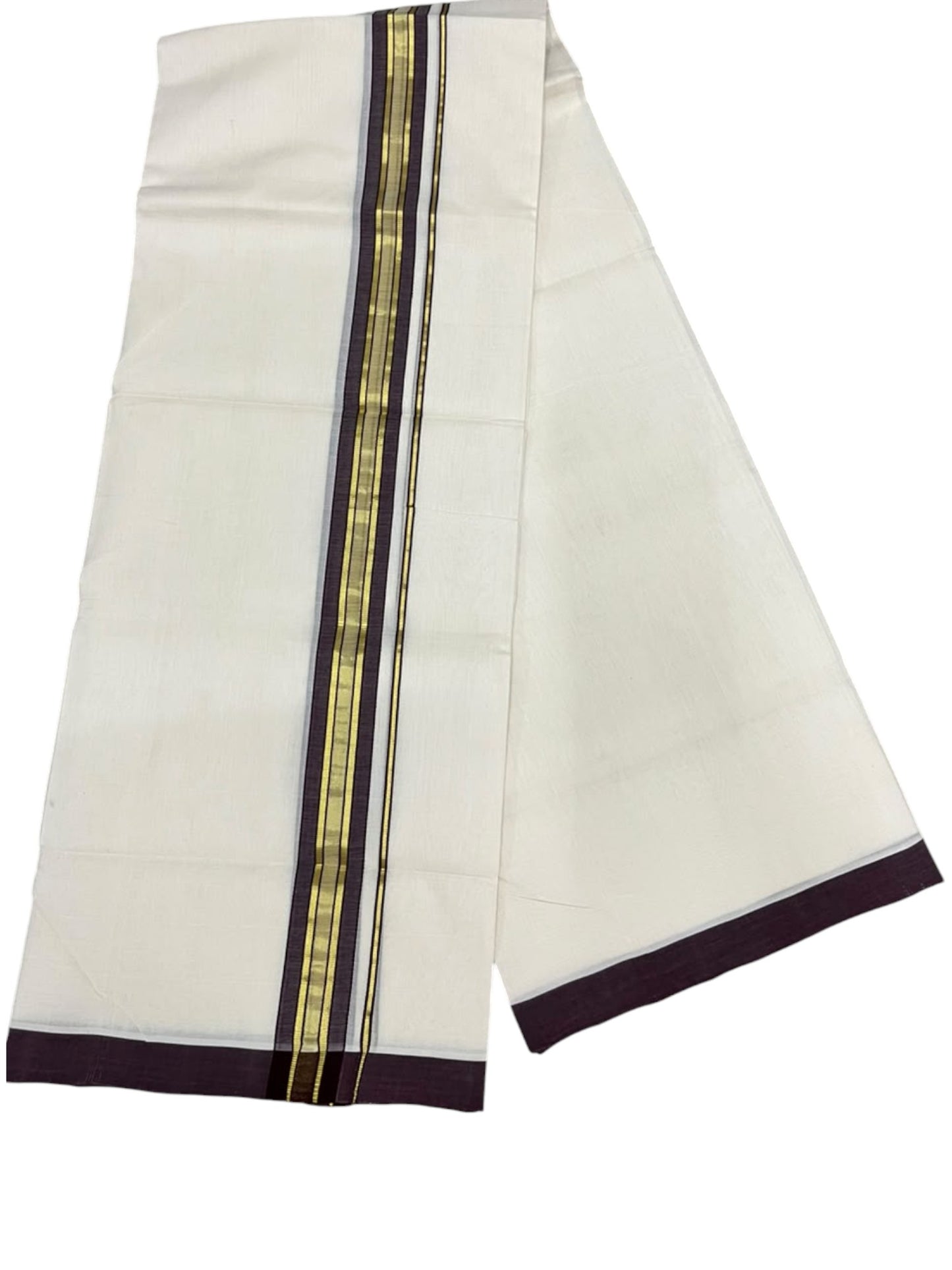 Southloom Balaramapuram Unakkupaavu Premium Handloom Cotton Double Mundu with Gold Kasavu and Purple Border