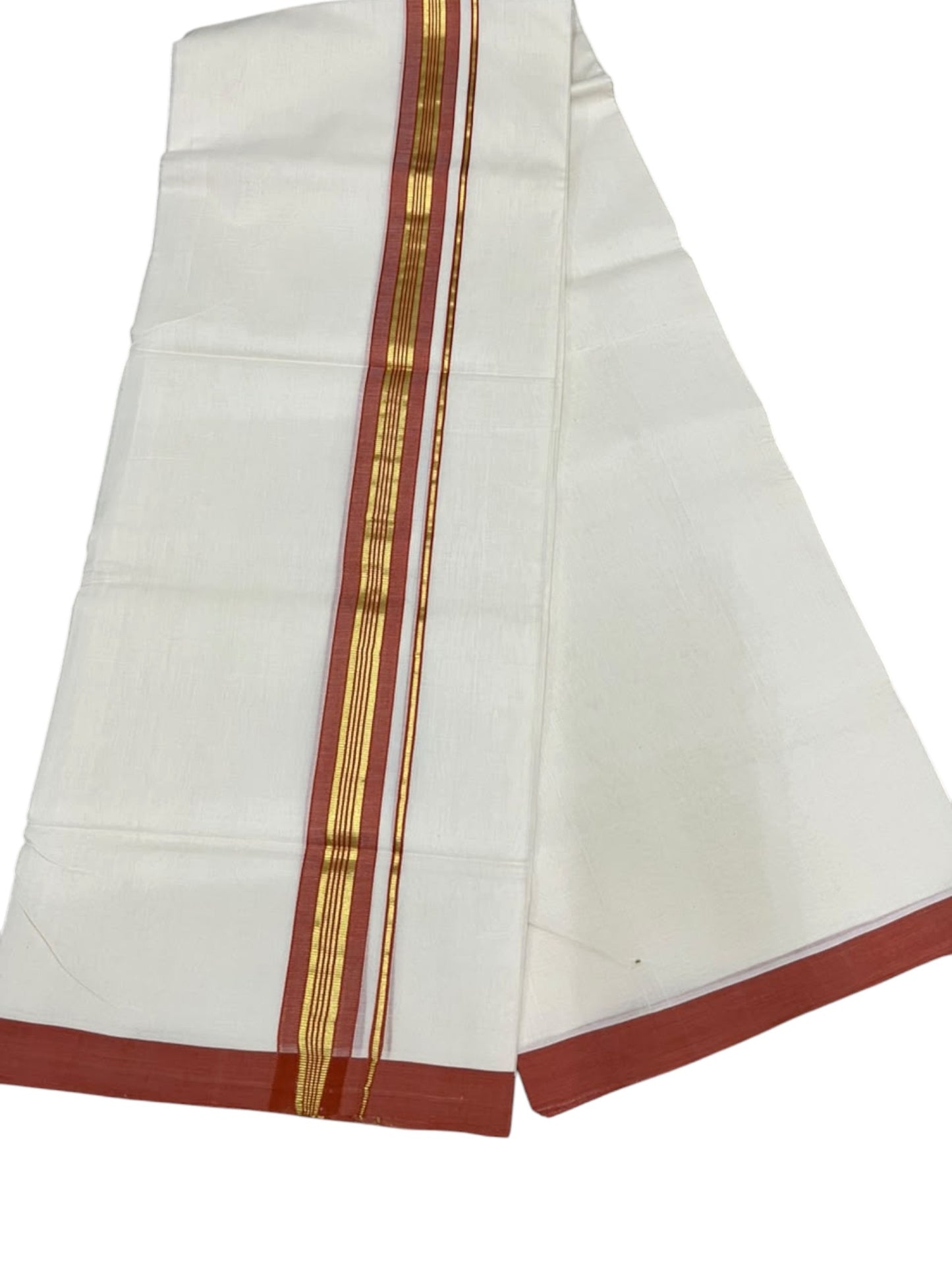 Southloom Balaramapuram Unakkupaavu Premium Handloom Cotton Double Mundu with Gold Kasavu and Orange Border