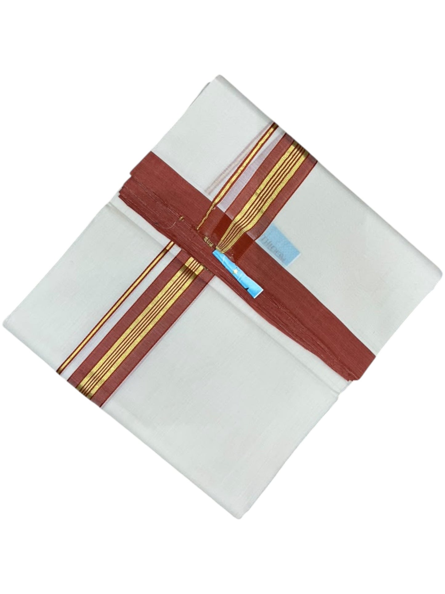 Southloom Balaramapuram Unakkupaavu Premium Handloom Cotton Double Mundu with Gold Kasavu and Orange Border