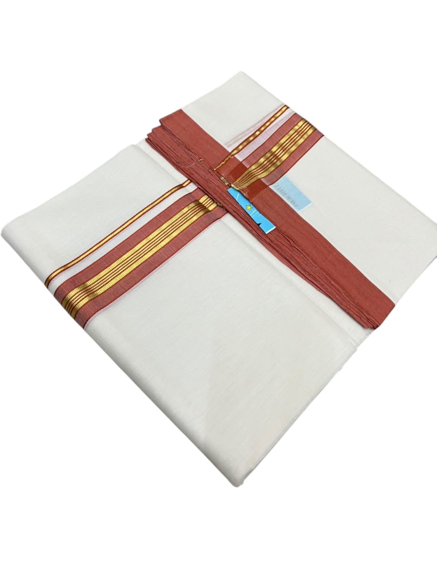 Southloom Balaramapuram Unakkupaavu Premium Handloom Cotton Double Mundu with Gold Kasavu and Orange Border