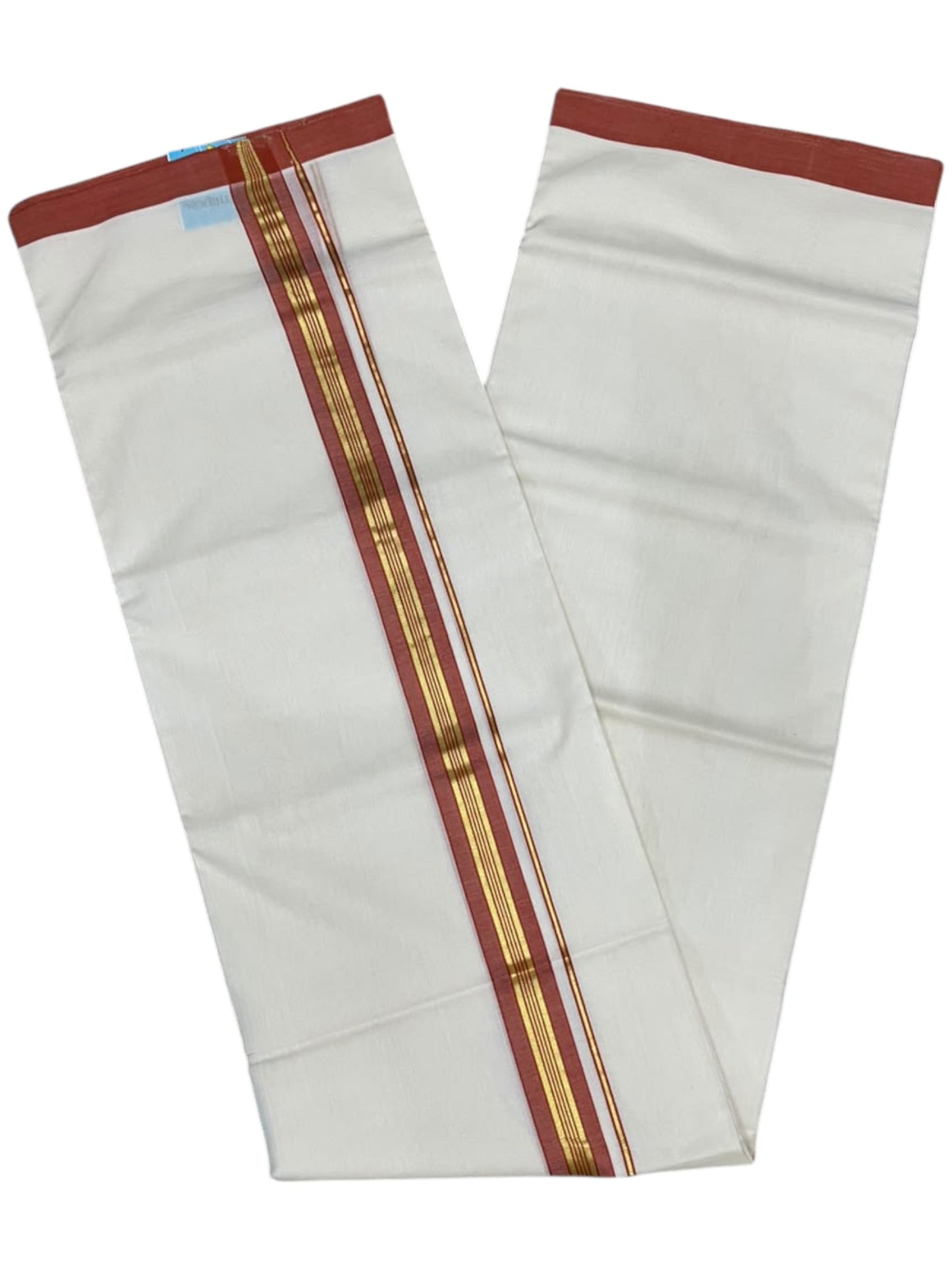 Southloom Balaramapuram Unakkupaavu Premium Handloom Cotton Double Mundu with Gold Kasavu and Orange Border
