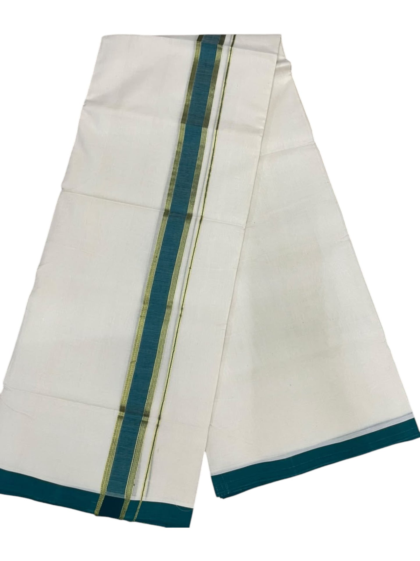 Southloom Balaramapuram Unakkupaavu Premium Handloom Cotton Double Mundu with Gold Kasavu and Peacock Green Border