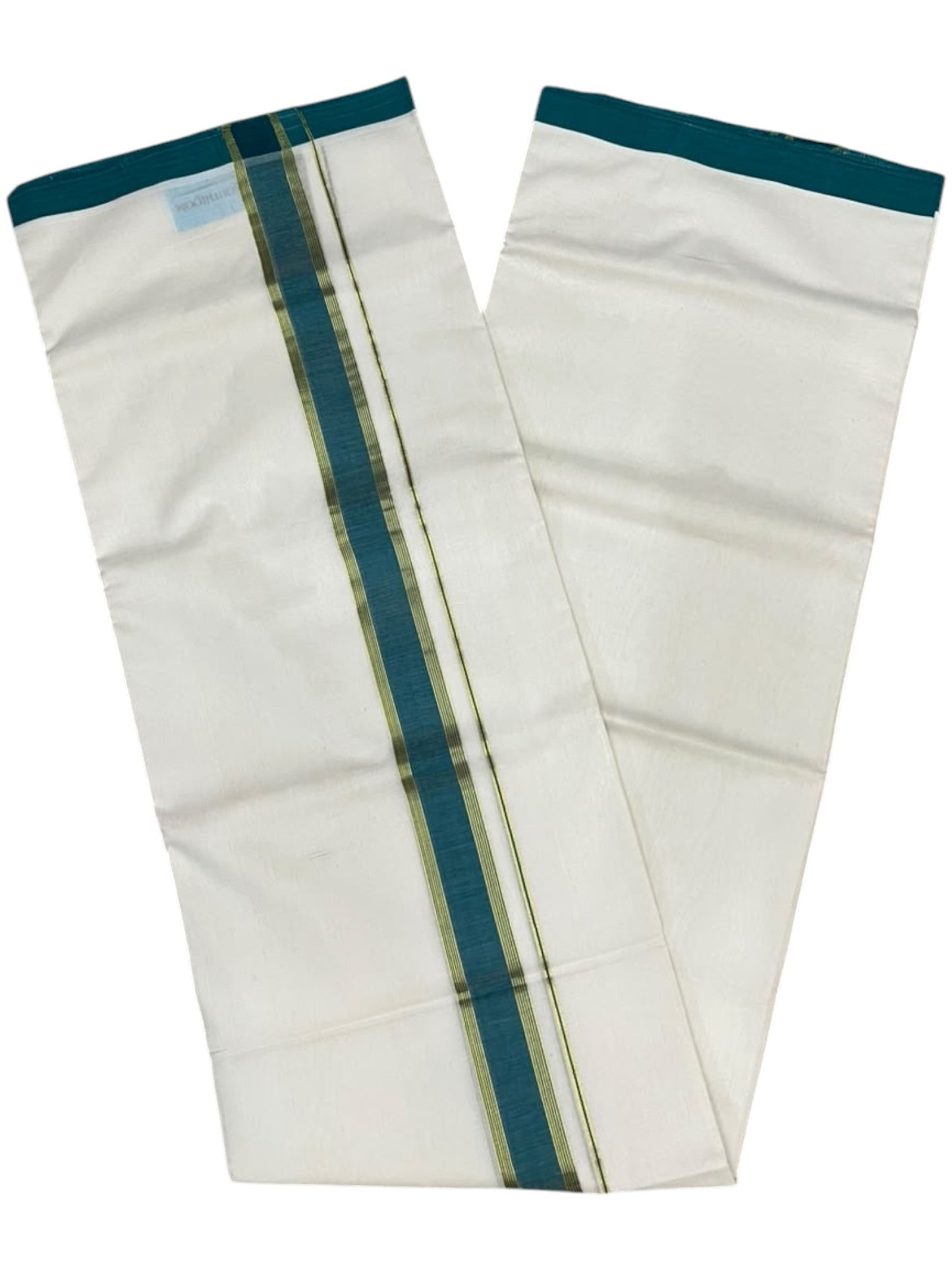 Southloom Balaramapuram Unakkupaavu Premium Handloom Cotton Double Mundu with Gold Kasavu and Peacock Green Border