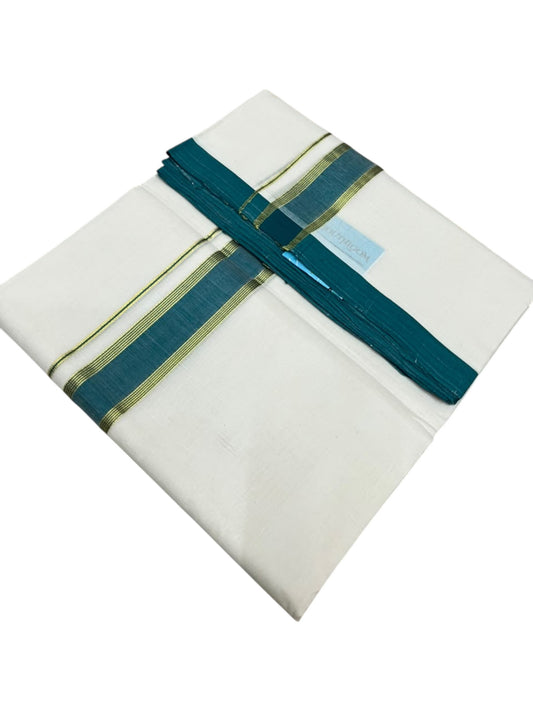 Southloom Balaramapuram Unakkupaavu Premium Handloom Cotton Double Mundu with Gold Kasavu and Peacock Green Border