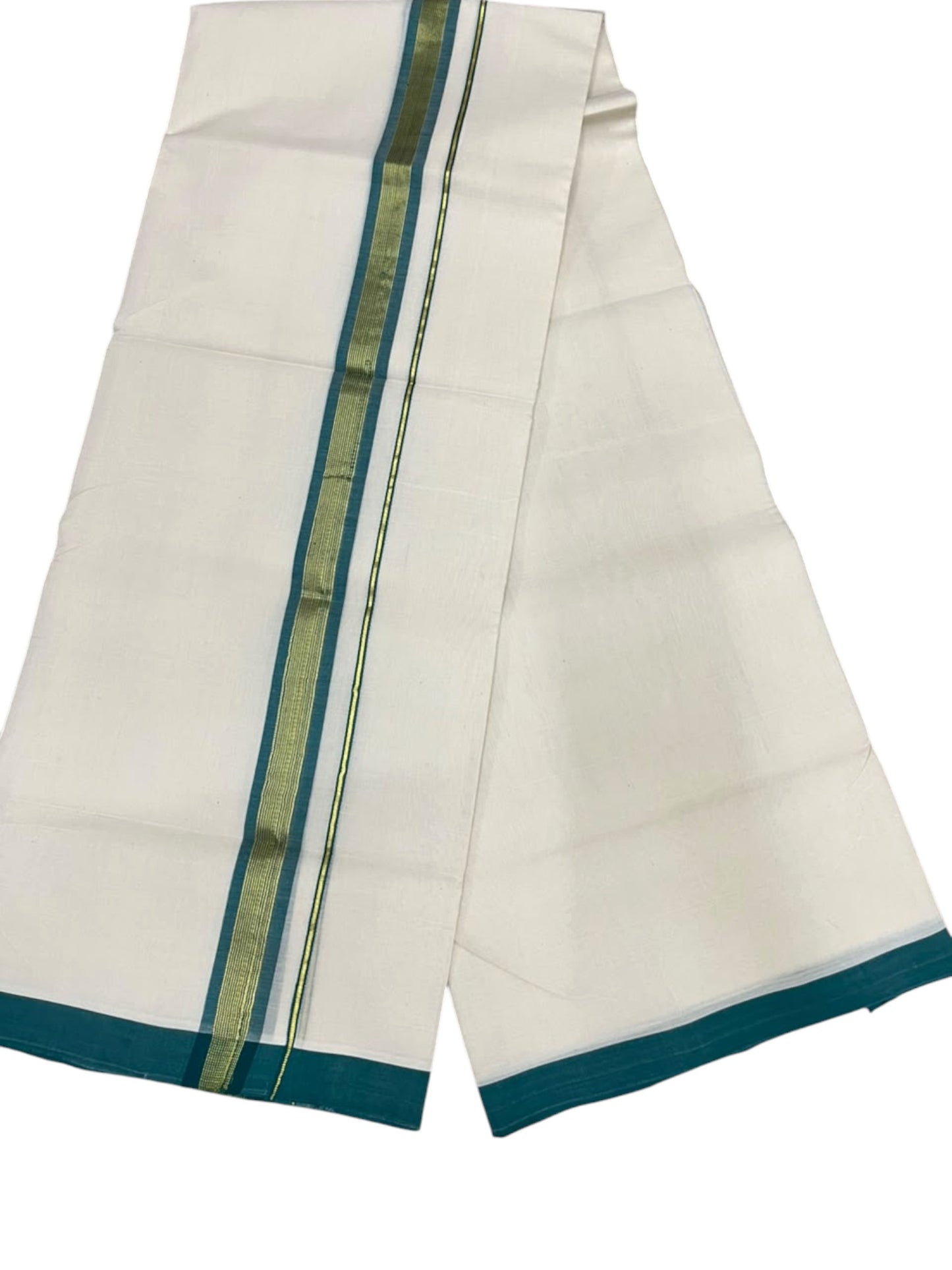 Southloom Balaramapuram Unakkupaavu Premium Handloom Cotton Double Mundu with Gold Kasavu and Peacock Green Border