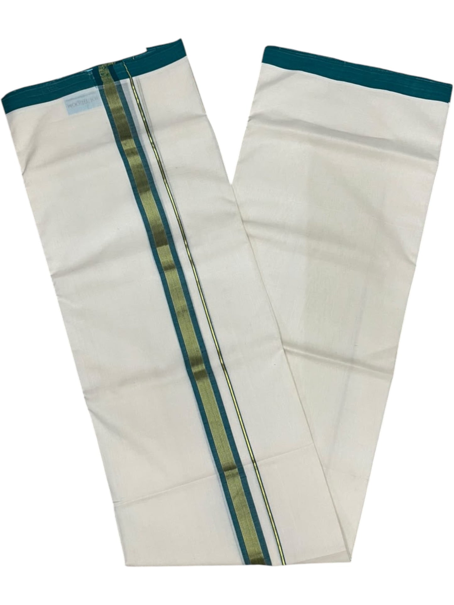 Southloom Balaramapuram Unakkupaavu Premium Handloom Cotton Double Mundu with Gold Kasavu and Peacock Green Border