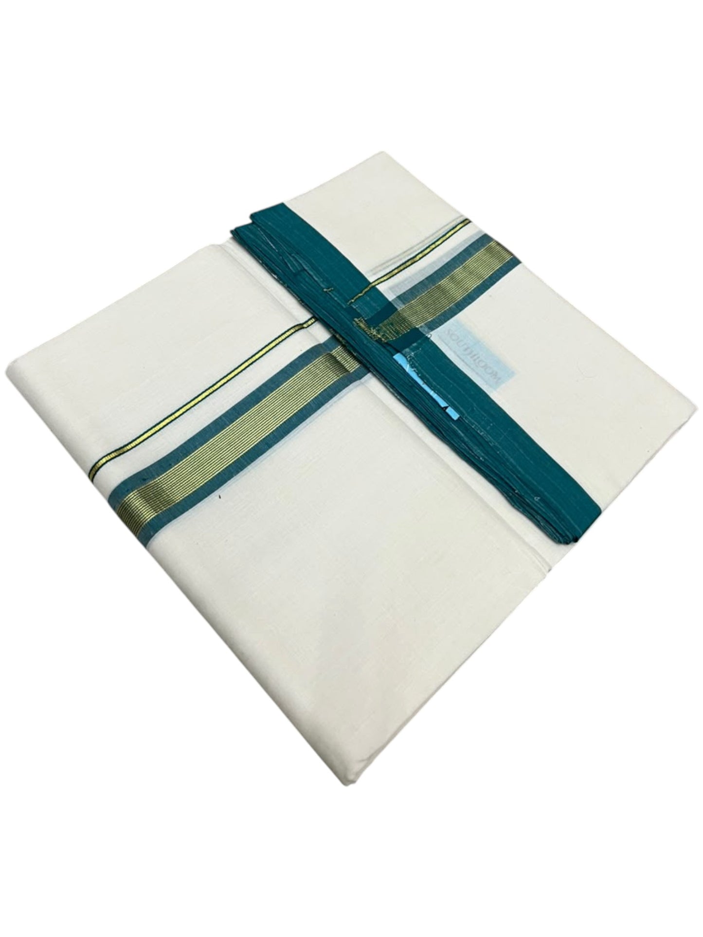 Southloom Balaramapuram Unakkupaavu Premium Handloom Cotton Double Mundu with Gold Kasavu and Peacock Green Border