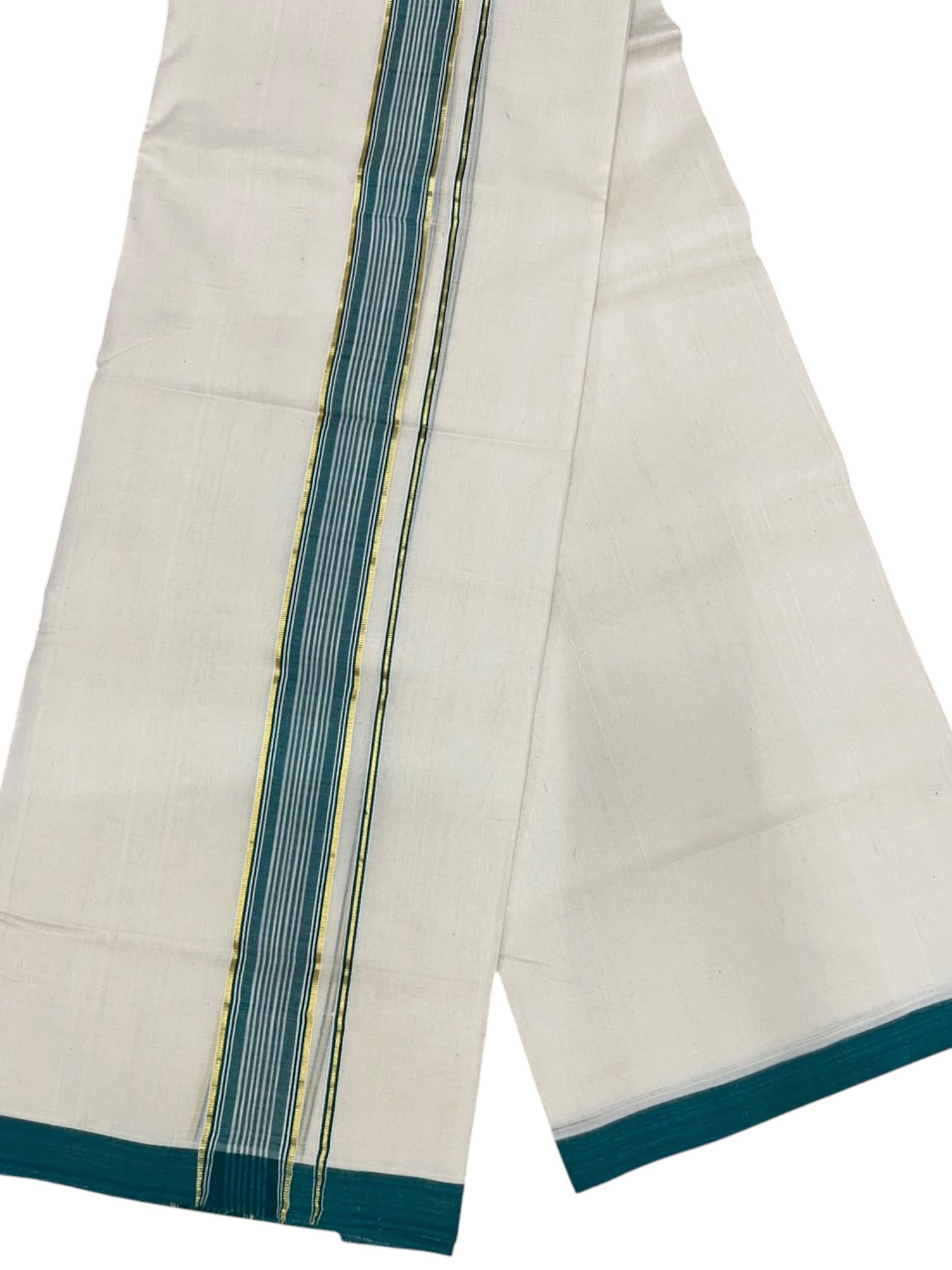 Southloom Balaramapuram Unakkupaavu Premium Handloom Cotton Double Mundu with Gold Kasavu and Peacock Green Border