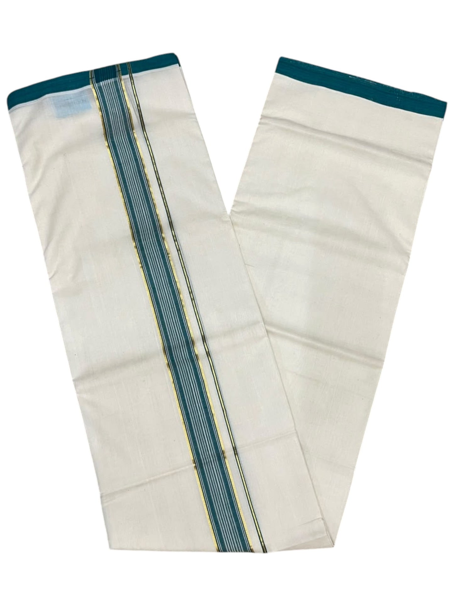 Southloom Balaramapuram Unakkupaavu Premium Handloom Cotton Double Mundu with Gold Kasavu and Peacock Green Border