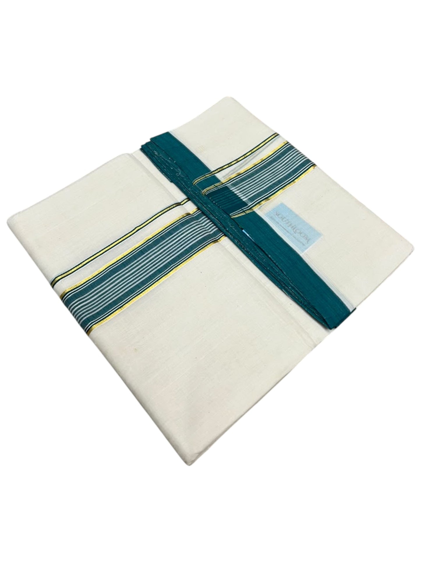 Southloom Balaramapuram Unakkupaavu Premium Handloom Cotton Double Mundu with Gold Kasavu and Peacock Green Border