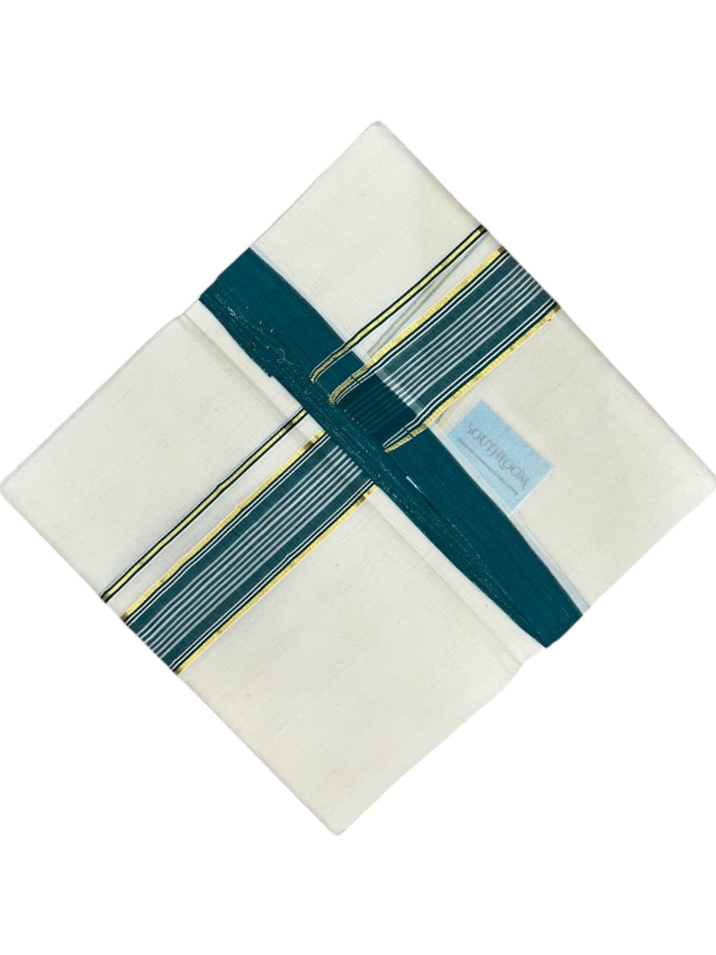 Southloom Balaramapuram Unakkupaavu Premium Handloom Cotton Double Mundu with Gold Kasavu and Peacock Green Border