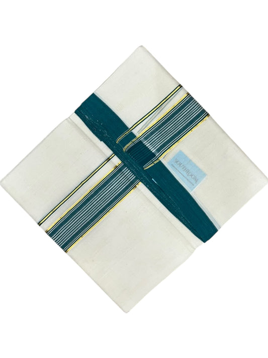 Southloom Balaramapuram Unakkupaavu Premium Handloom Cotton Double Mundu with Gold Kasavu and Peacock Green Border