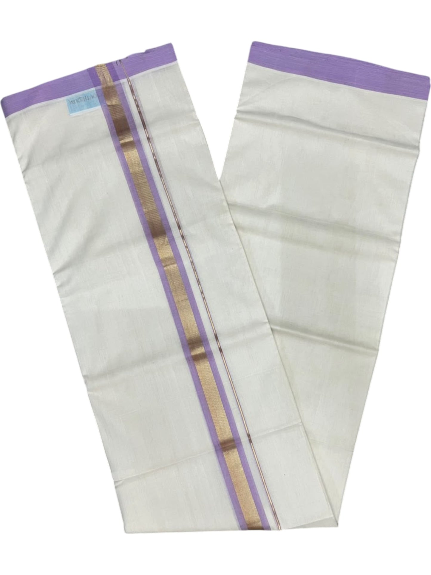 Southloom Balaramapuram Unakkupaavu Premium Handloom Cotton Double Mundu with Gold Kasavu and Lavender Border