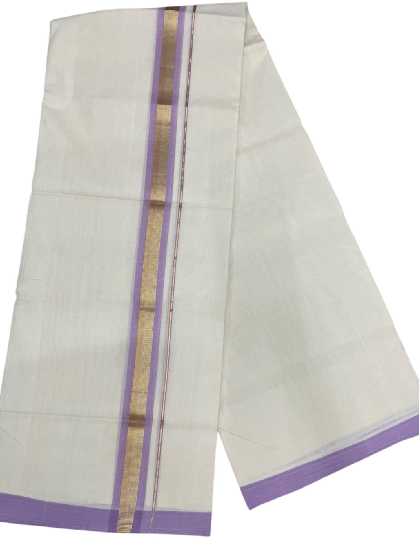 Southloom Balaramapuram Unakkupaavu Premium Handloom Cotton Double Mundu with Gold Kasavu and Lavender Border