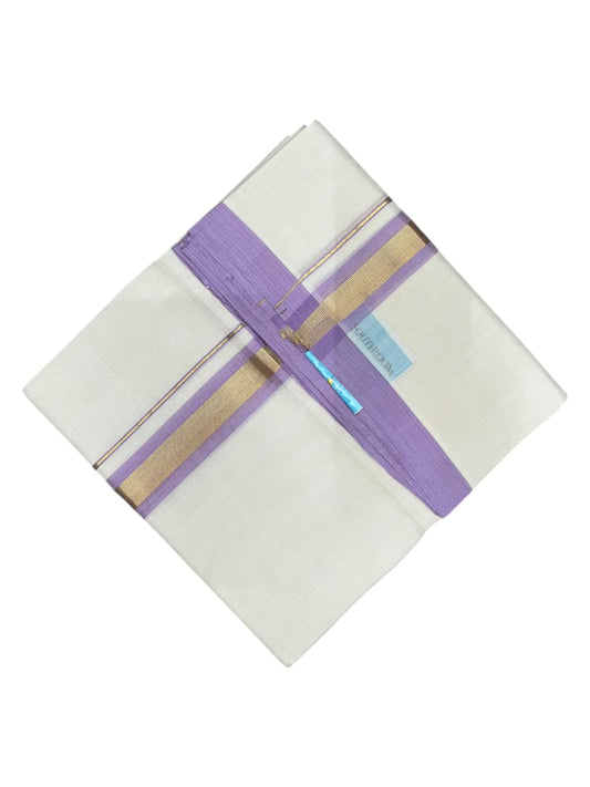 Southloom Balaramapuram Unakkupaavu Premium Handloom Cotton Double Mundu with Gold Kasavu and Lavender Border