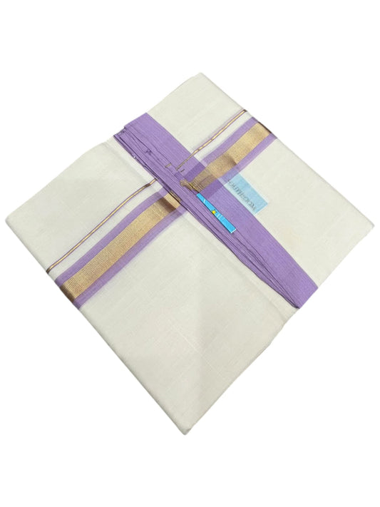 Southloom Balaramapuram Unakkupaavu Premium Handloom Cotton Double Mundu with Gold Kasavu and Lavender Border