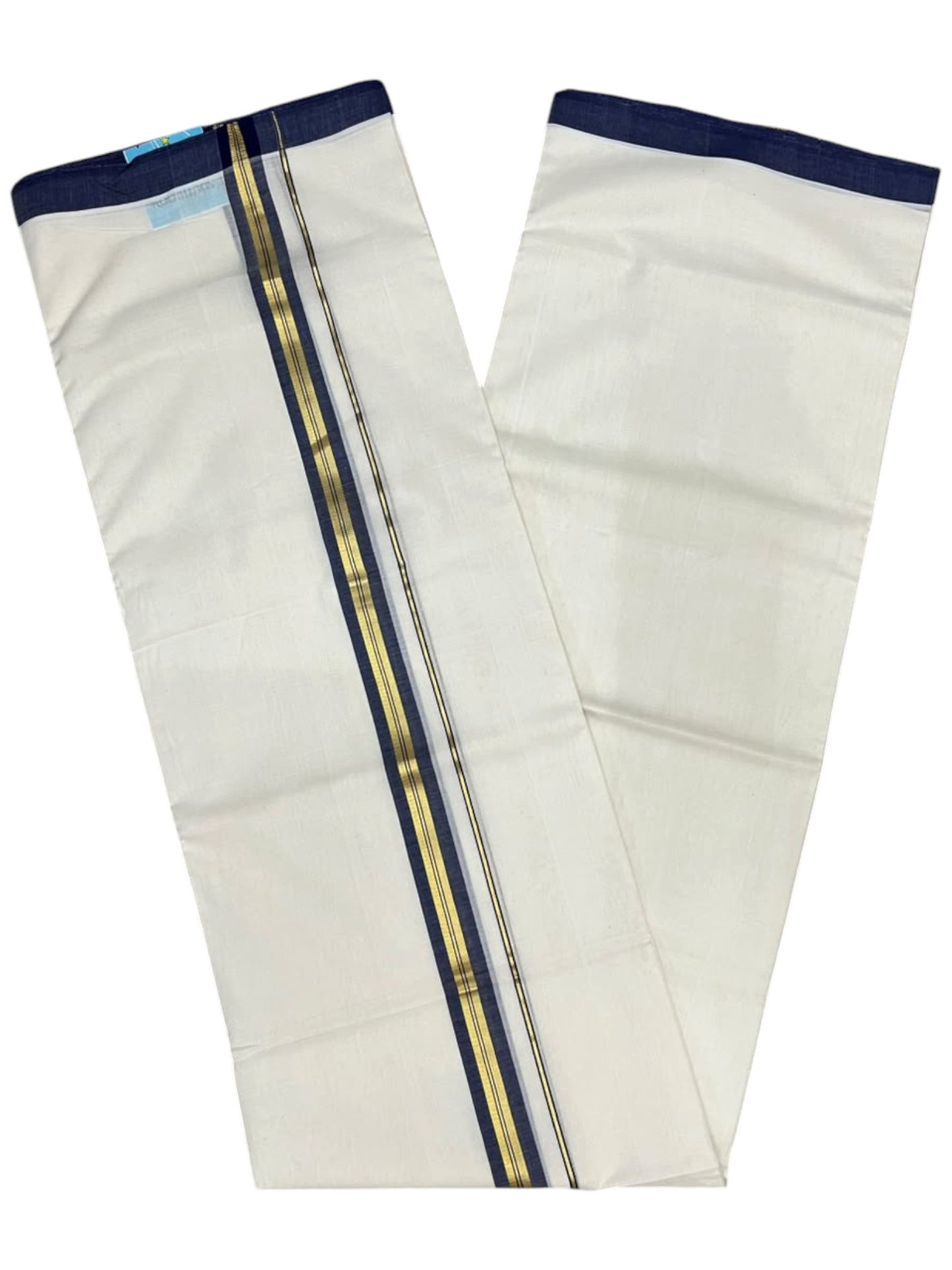Southloom Balaramapuram Unakkupaavu Premium Handloom Cotton Double Mundu with Gold Kasavu and Blue Border