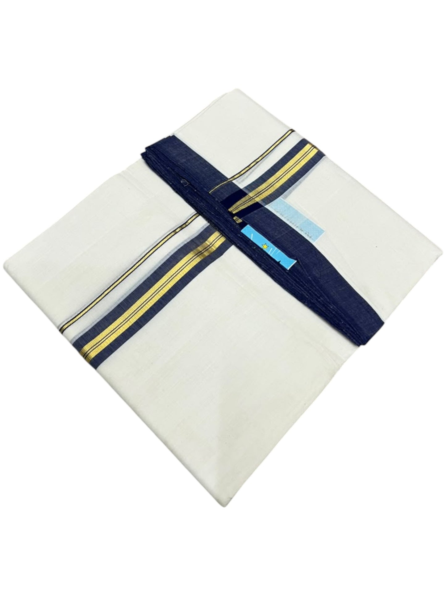 Southloom Balaramapuram Unakkupaavu Premium Handloom Cotton Double Mundu with Gold Kasavu and Blue Border
