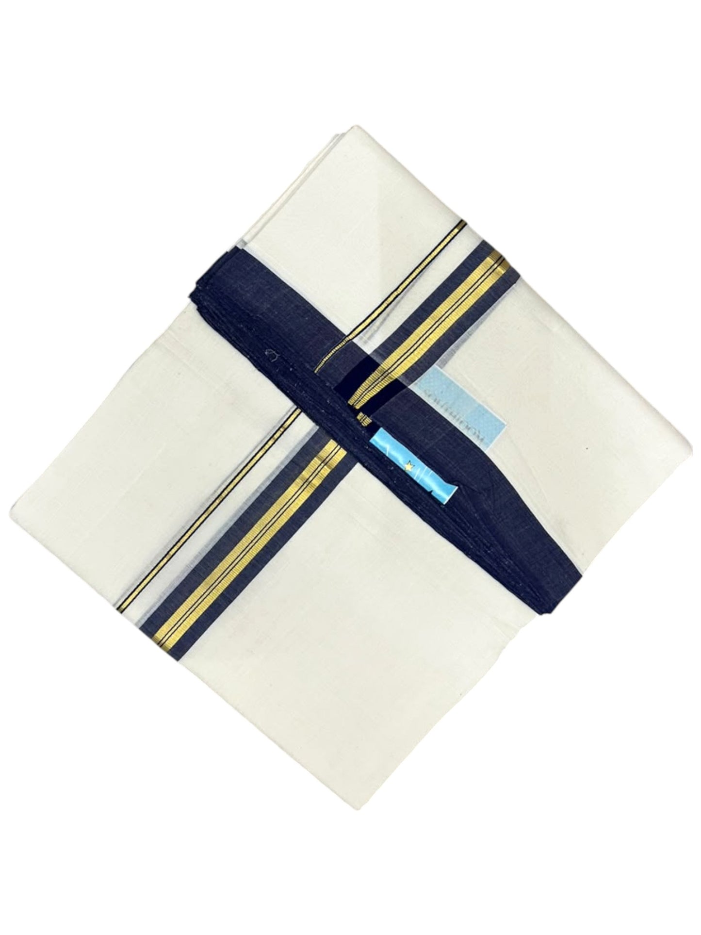 Southloom Balaramapuram Unakkupaavu Premium Handloom Cotton Double Mundu with Gold Kasavu and Blue Border