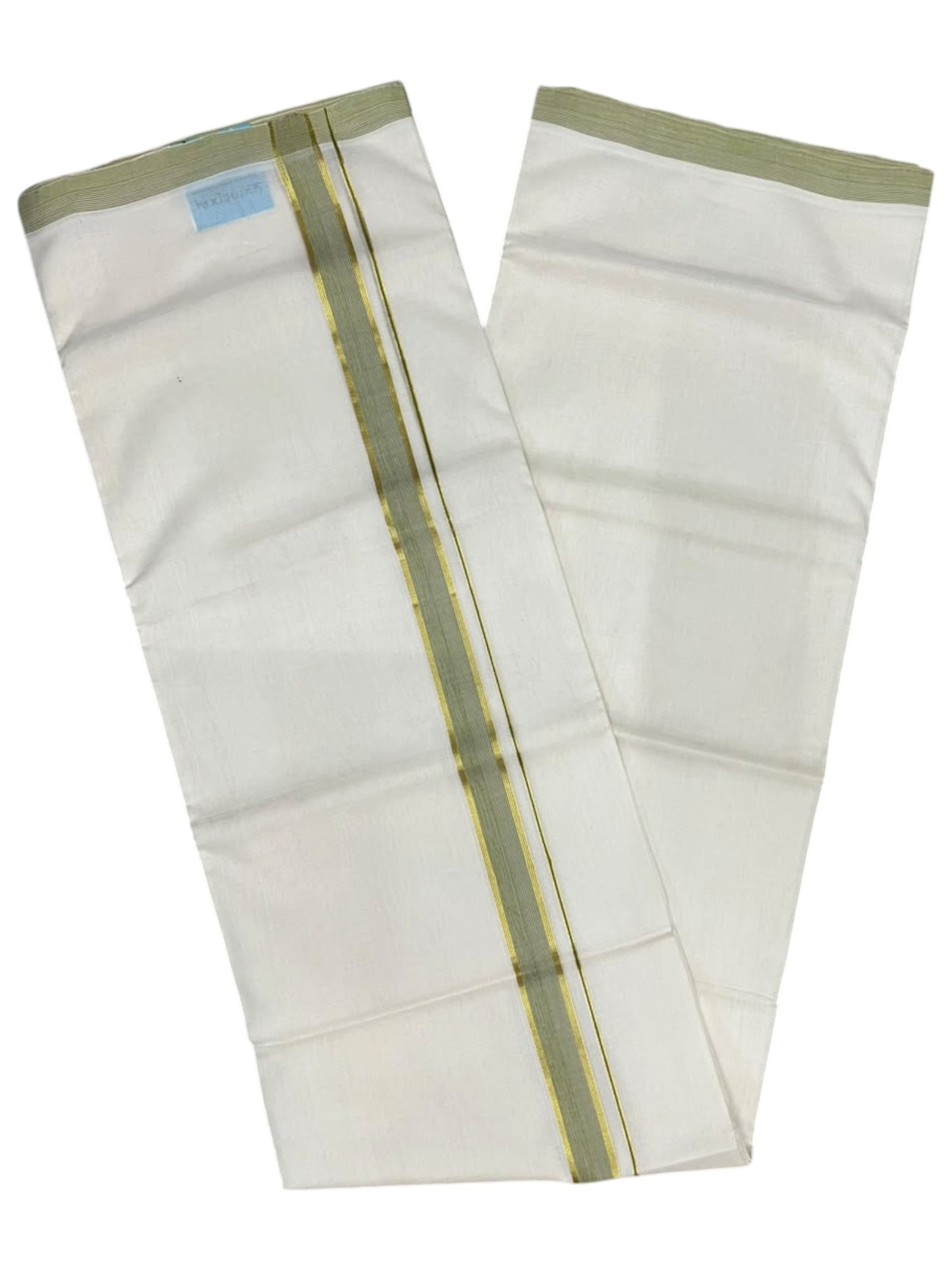 Southloom Balaramapuram Unakkupaavu Premium Handloom Cotton Double Mundu with Gold Kasavu and Olive Green Border