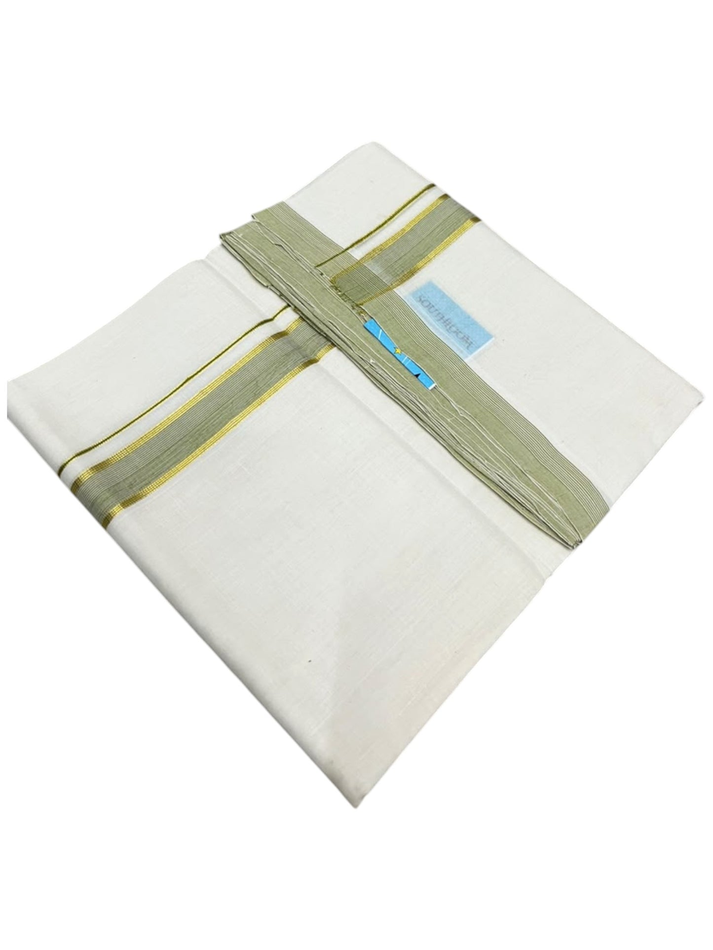 Southloom Balaramapuram Unakkupaavu Premium Handloom Cotton Double Mundu with Gold Kasavu and Olive Green Border