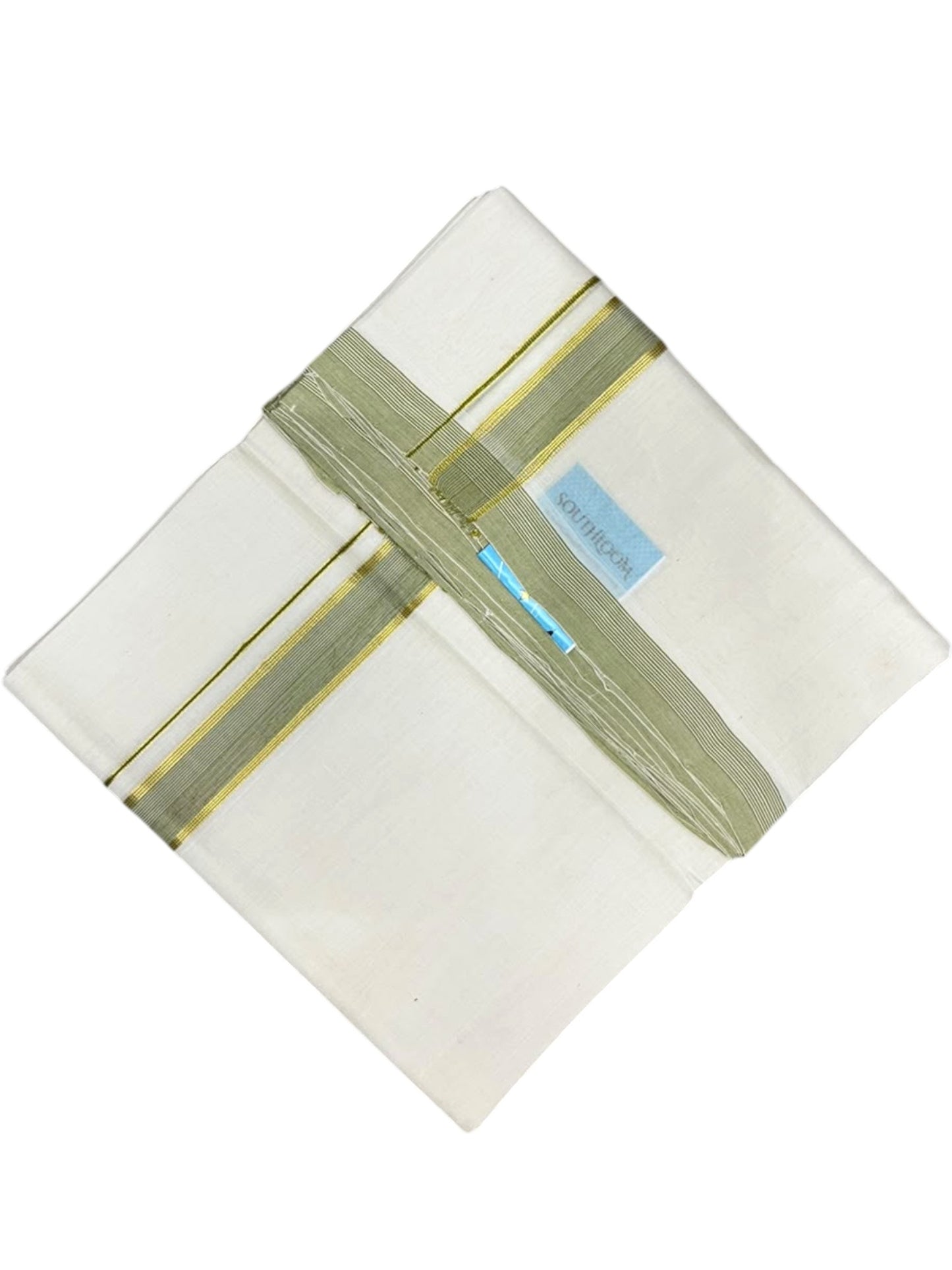 Southloom Balaramapuram Unakkupaavu Premium Handloom Cotton Double Mundu with Gold Kasavu and Olive Green Border