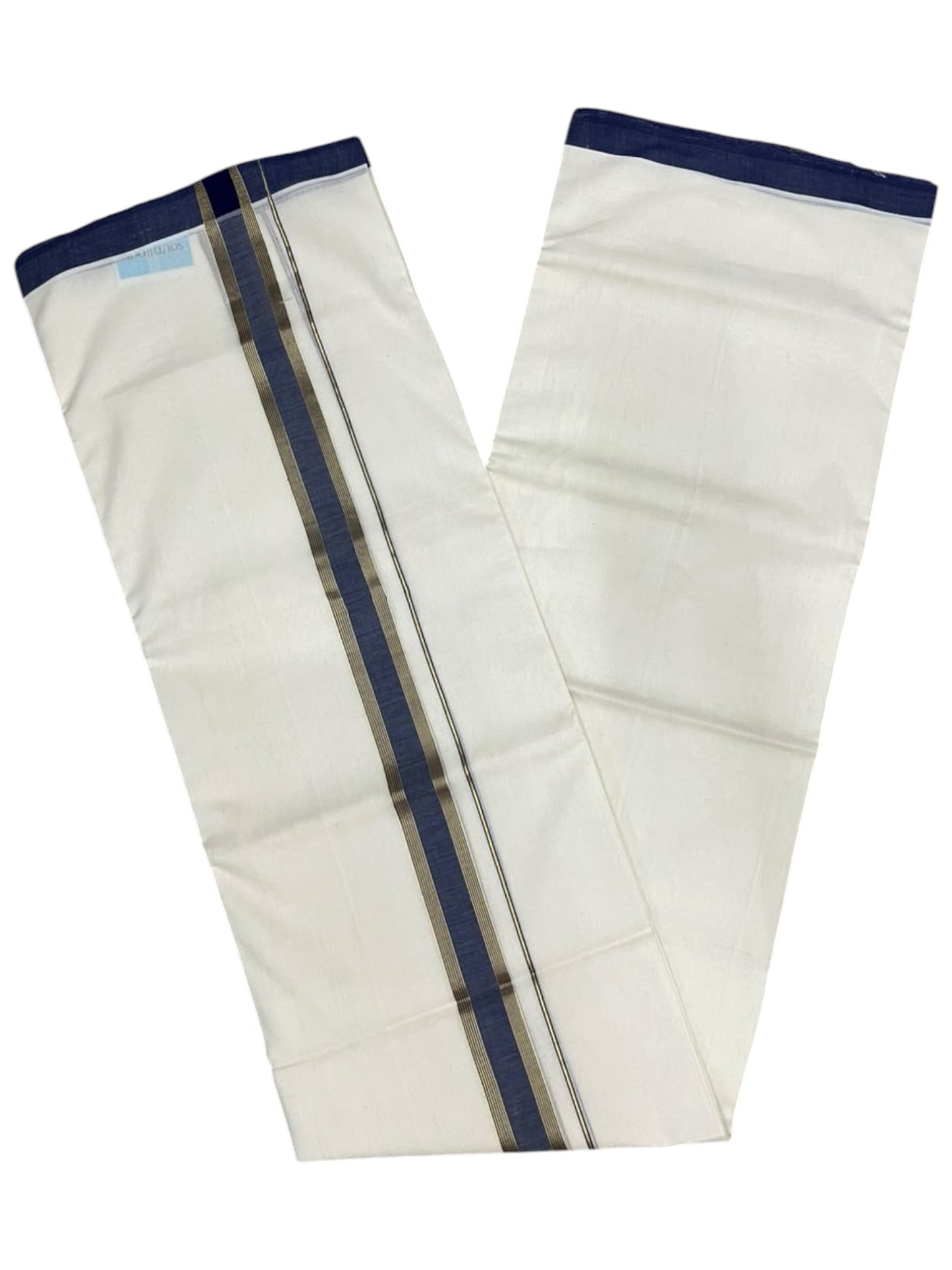 Southloom Balaramapuram Unakkupaavu Premium Handloom Cotton Double Mundu with Gold Kasavu and Blue Border