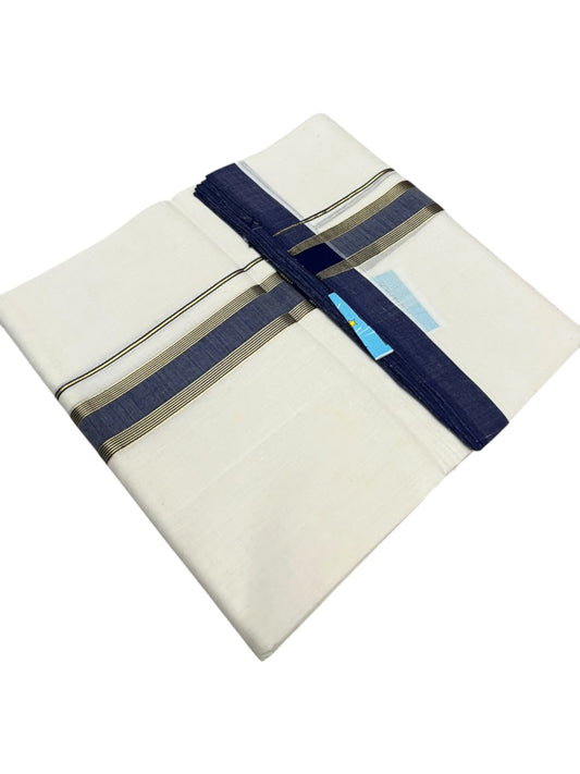 Southloom Balaramapuram Unakkupaavu Premium Handloom Cotton Double Mundu with Gold Kasavu and Blue Border