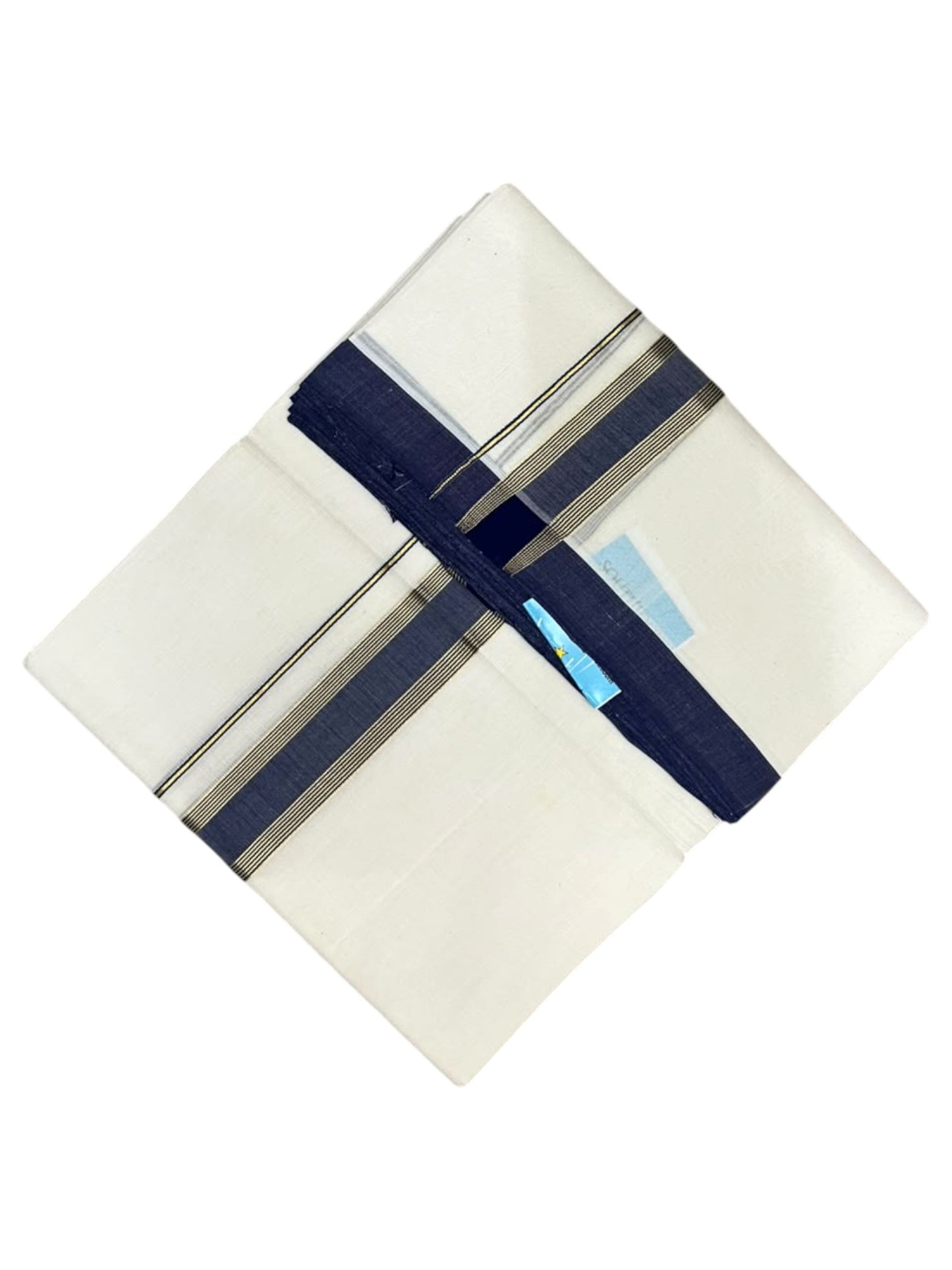 Southloom Balaramapuram Unakkupaavu Premium Handloom Cotton Double Mundu with Gold Kasavu and Blue Border
