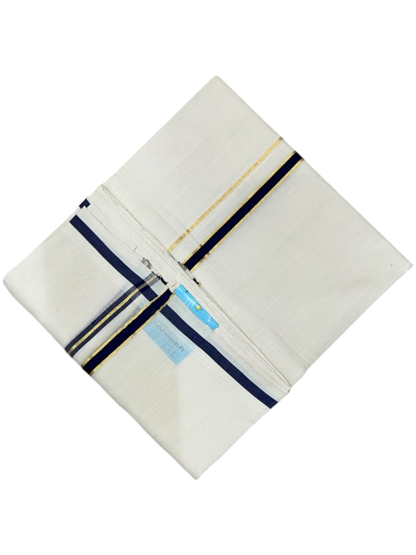 Southloom Balaramapuram Unakkupaavu Premium Puliyilakkara Handloom Cotton Double Mundu with Gold Kasavu and Blue Border