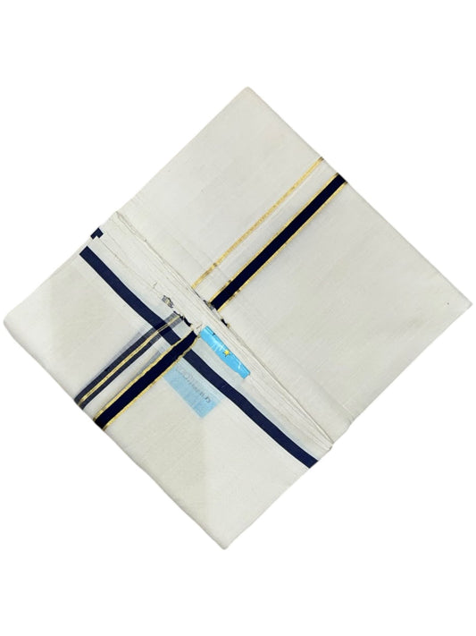 Southloom Balaramapuram Unakkupaavu Premium Puliyilakkara Handloom Cotton Double Mundu with Gold Kasavu and Blue Border
