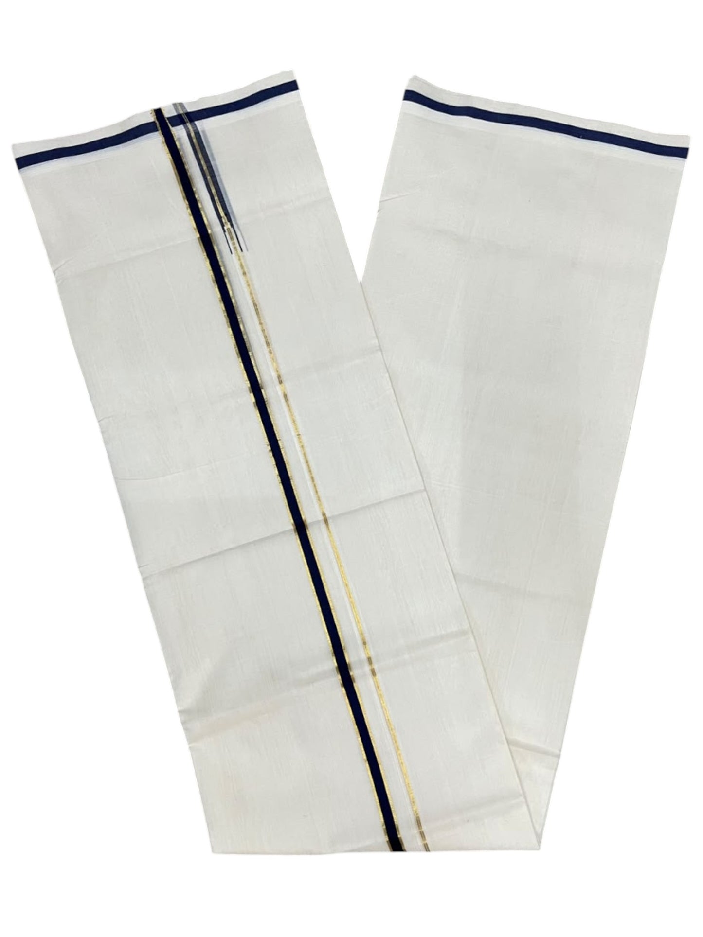 Southloom Balaramapuram Unakkupaavu Premium Puliyilakkara Handloom Cotton Double Mundu with Gold Kasavu and Blue Border