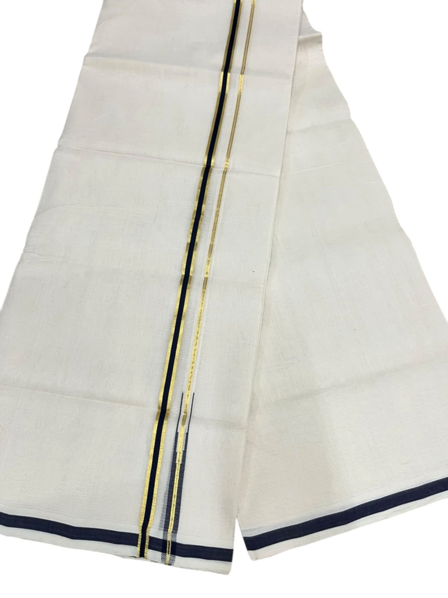 Southloom Balaramapuram Unakkupaavu Premium Puliyilakkara Handloom Cotton Double Mundu with Gold Kasavu and Blue Border
