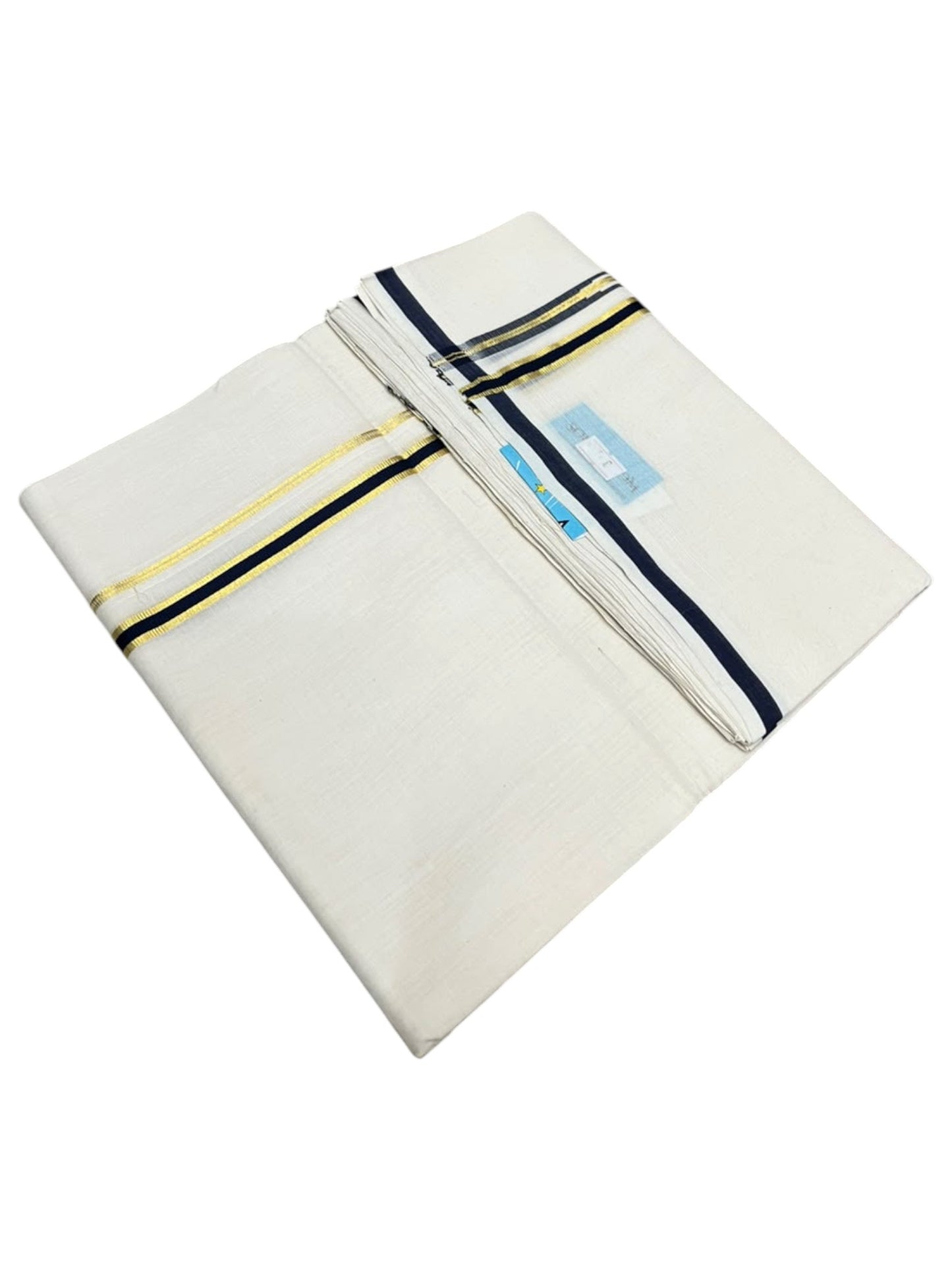 Southloom Balaramapuram Unakkupaavu Premium Puliyilakkara Handloom Cotton Double Mundu with Gold Kasavu and Blue Border
