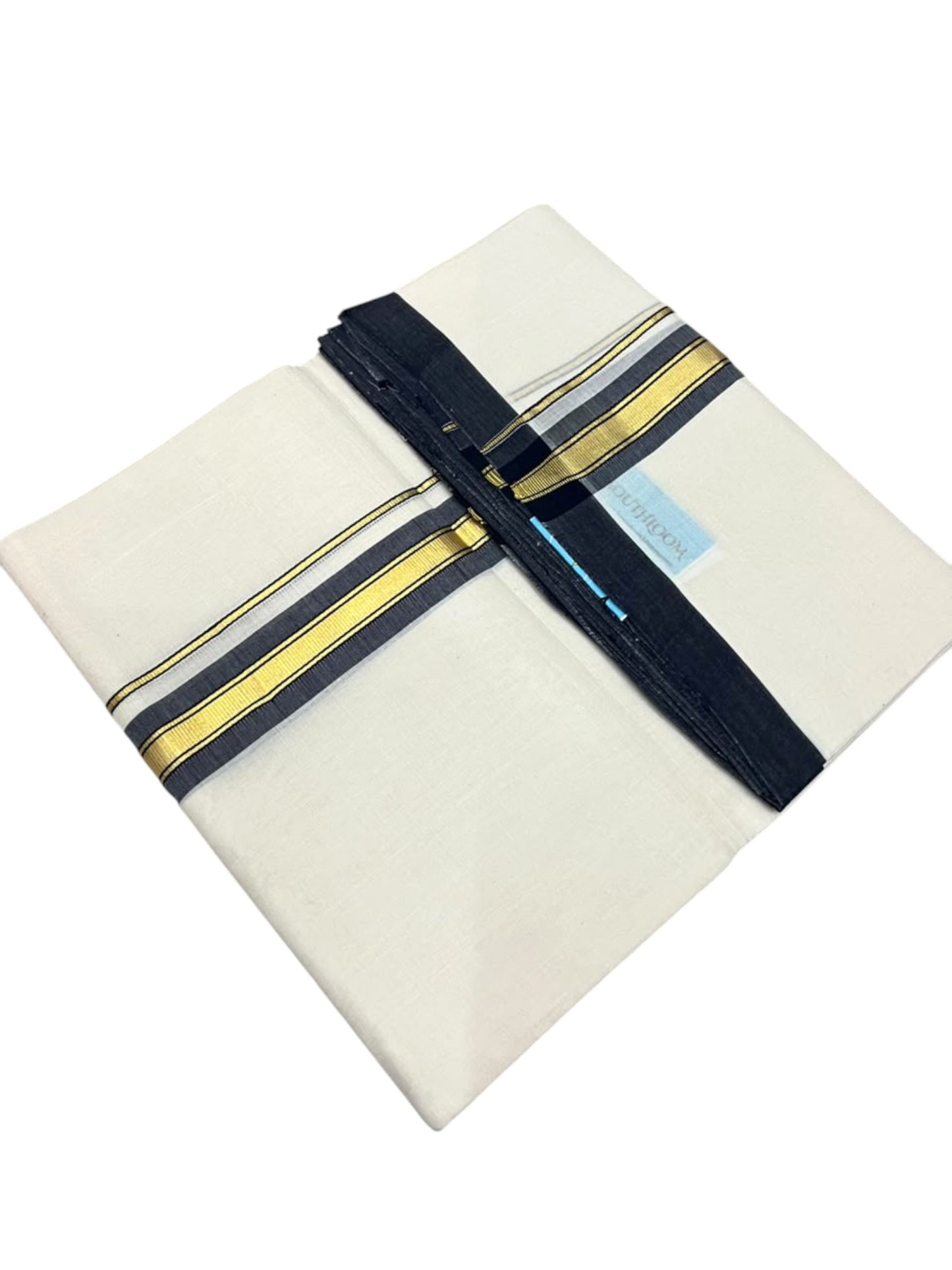 Southloom Balaramapuram Unakkupaavu Premium Handloom Cotton Double Mundu with Gold Kasavu and Blue Border