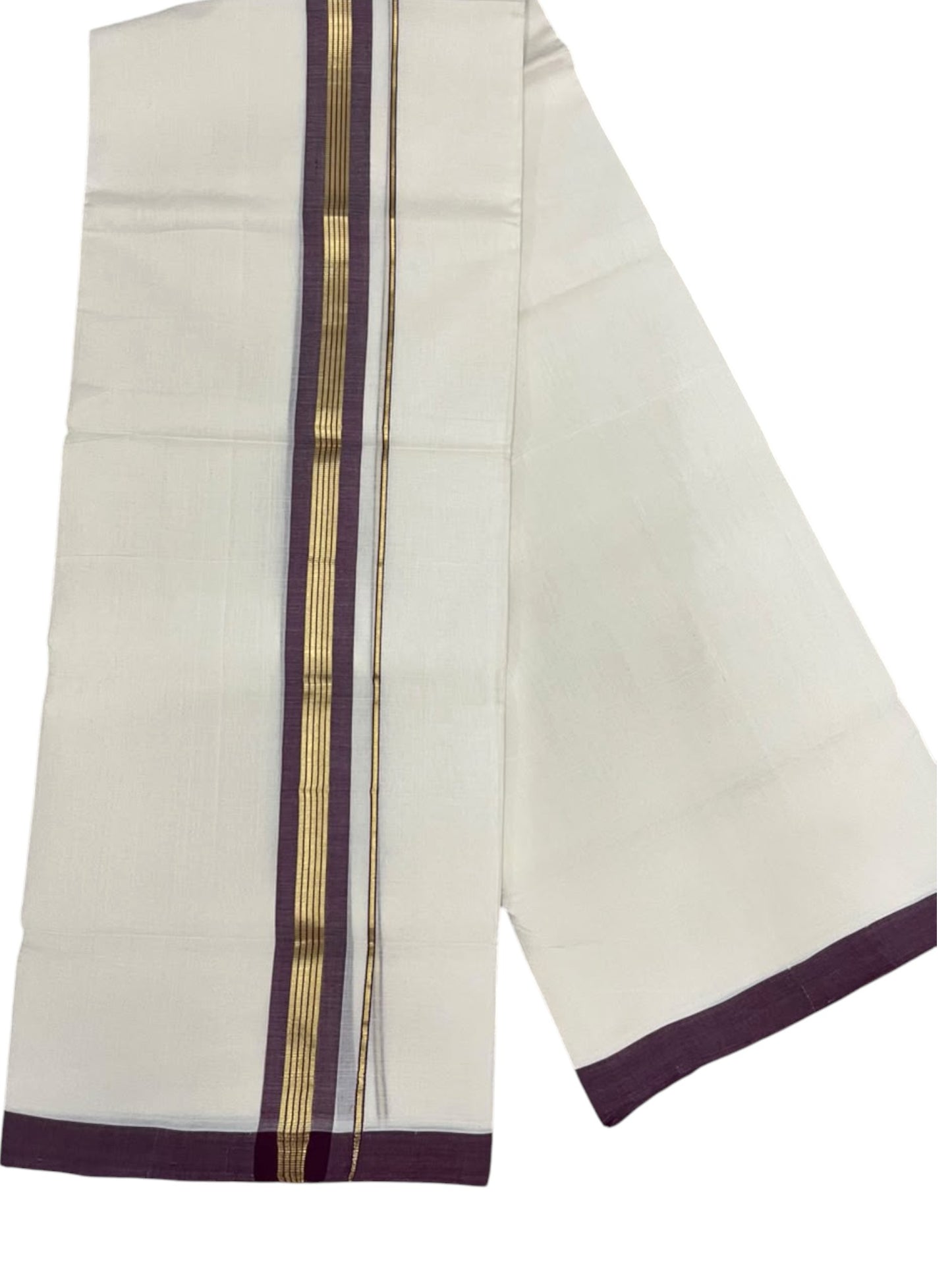 Southloom Balaramapuram Unakkupaavu Premium Handloom Cotton Double Mundu with Gold Kasavu and Purple Border