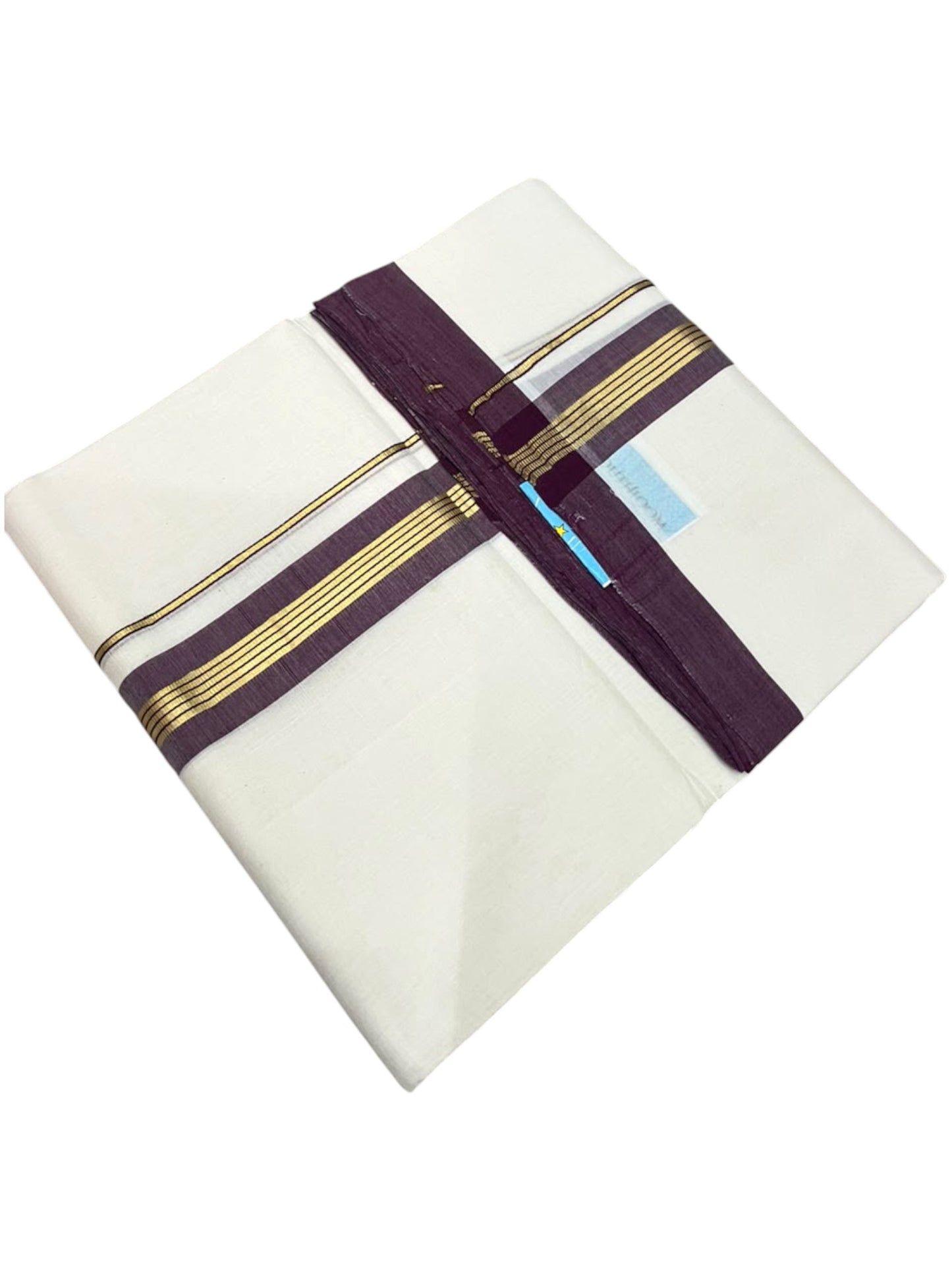 Southloom Balaramapuram Unakkupaavu Premium Handloom Cotton Double Mundu with Gold Kasavu and Purple Border