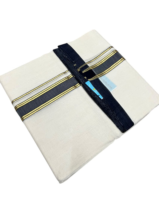 Southloom Balaramapuram Unakkupaavu Premium Handloom Cotton Double Mundu with Gold Kasavu and Blue Border