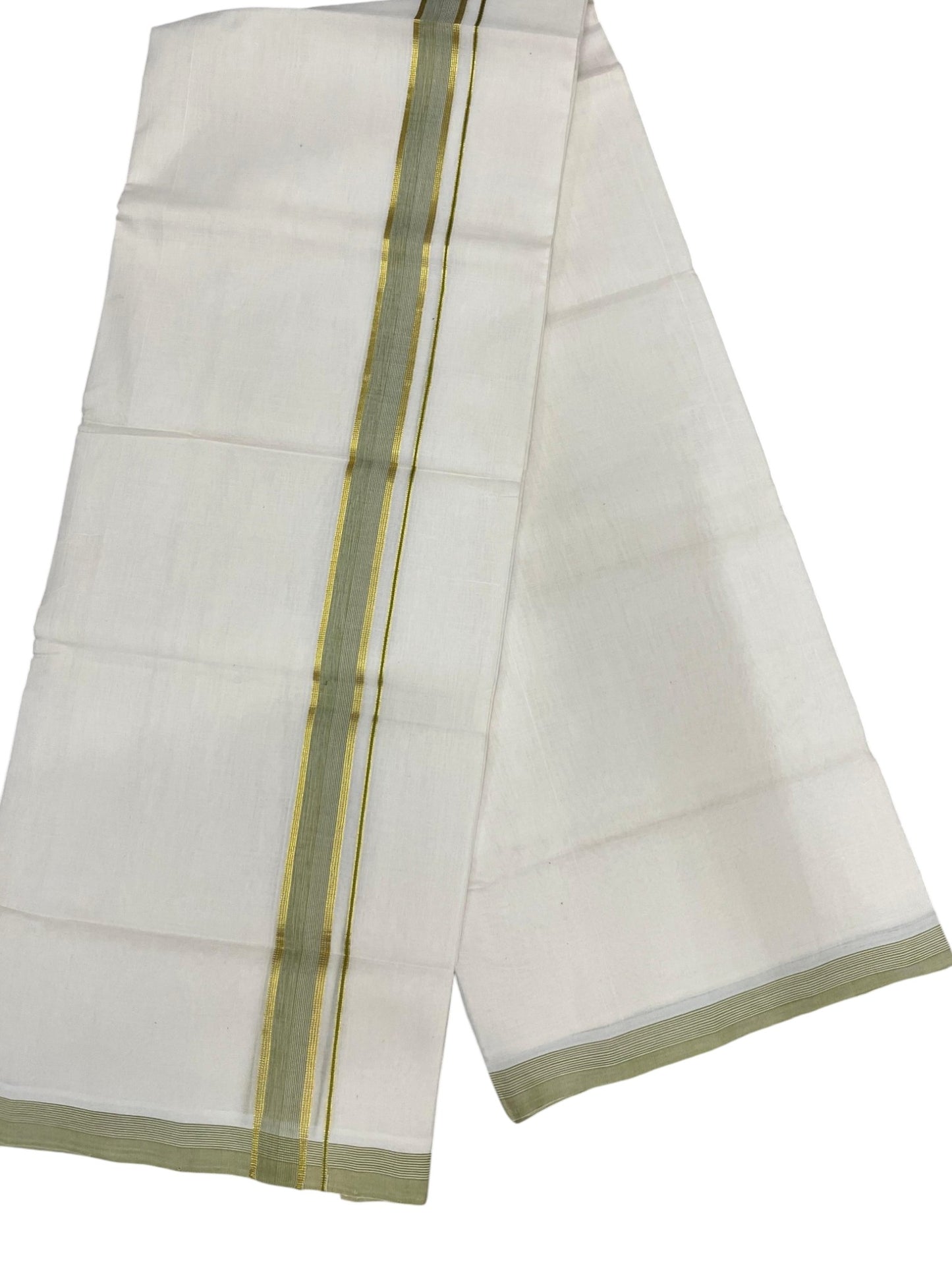 Southloom Balaramapuram Unakkupaavu Premium Handloom Cotton Double Mundu with Gold Kasavu and Olive Green Border