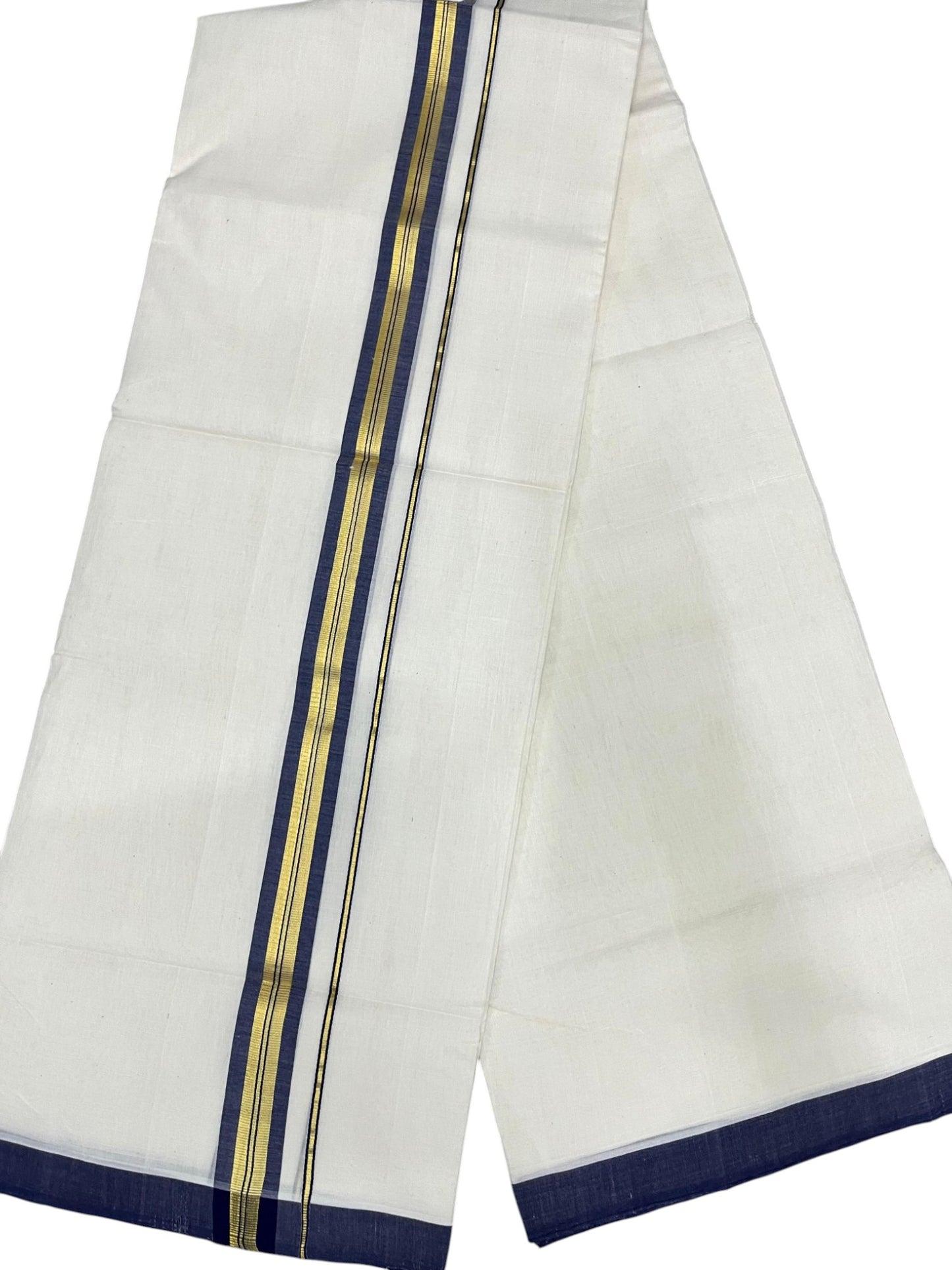 Southloom Balaramapuram Unakkupaavu Premium Handloom Cotton Double Mundu with Gold Kasavu and Blue Border