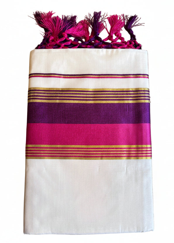 Kerala Cotton Kasavu Saree With Pink And Purple Borders SL499