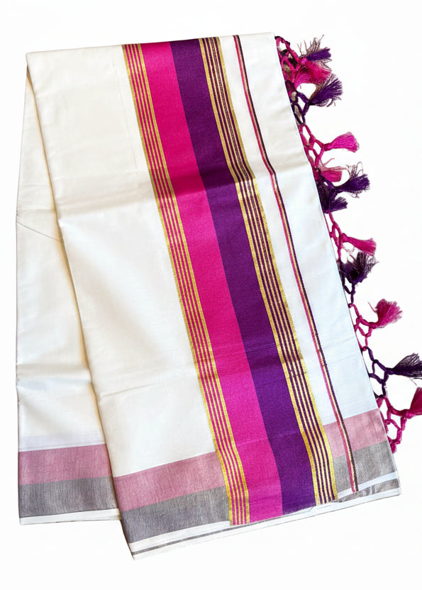 Kerala Cotton Kasavu Saree With Pink And Purple Borders SL499