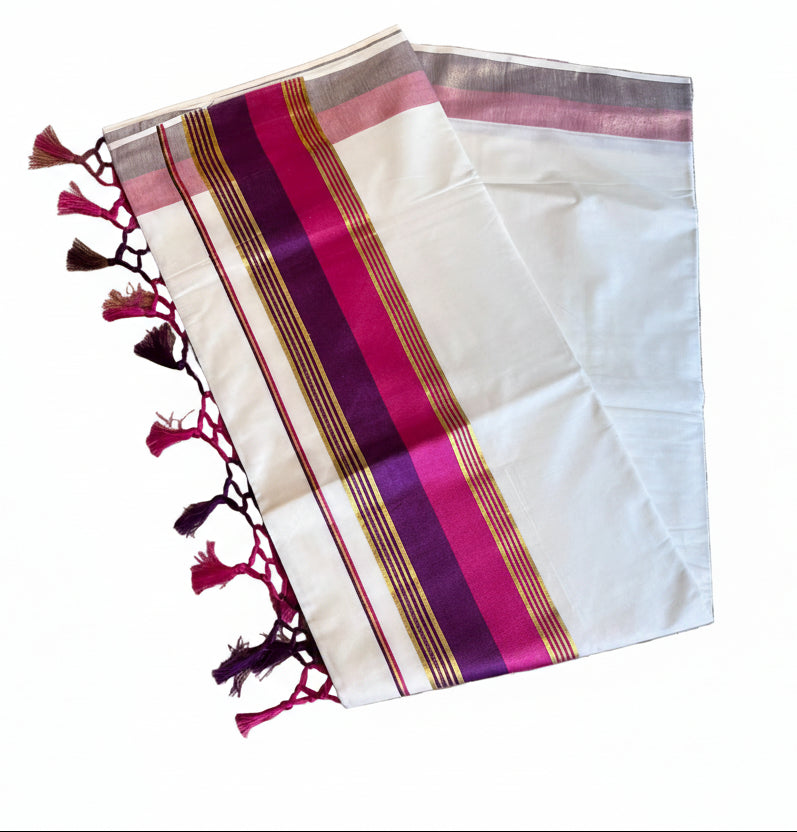 Kerala Cotton Kasavu Saree With Pink And Purple Borders SL499