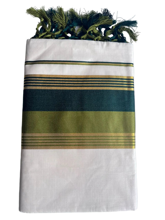 Kerala Cotton Kasavu Saree With Olive Green And Bottle Green Borders SL499