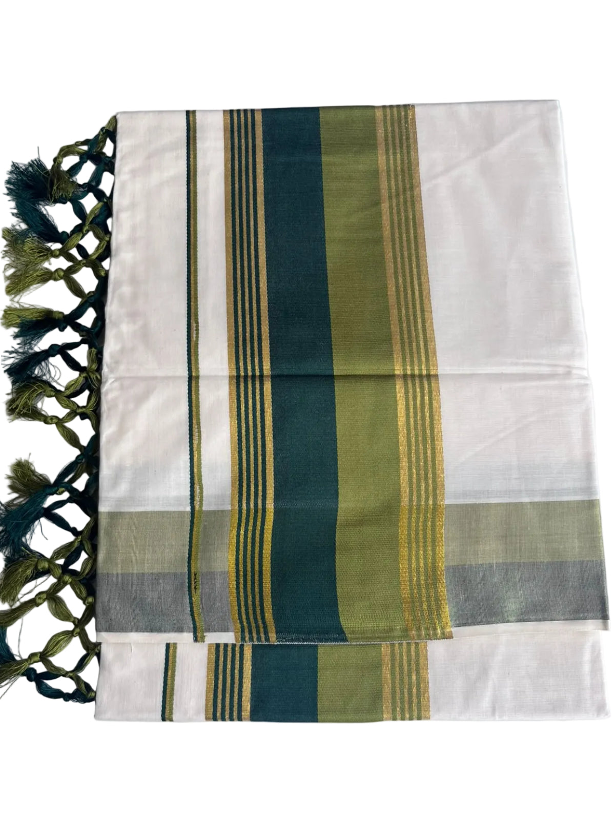 Kerala Cotton Kasavu Saree With Olive Green And Bottle Green Borders SL499