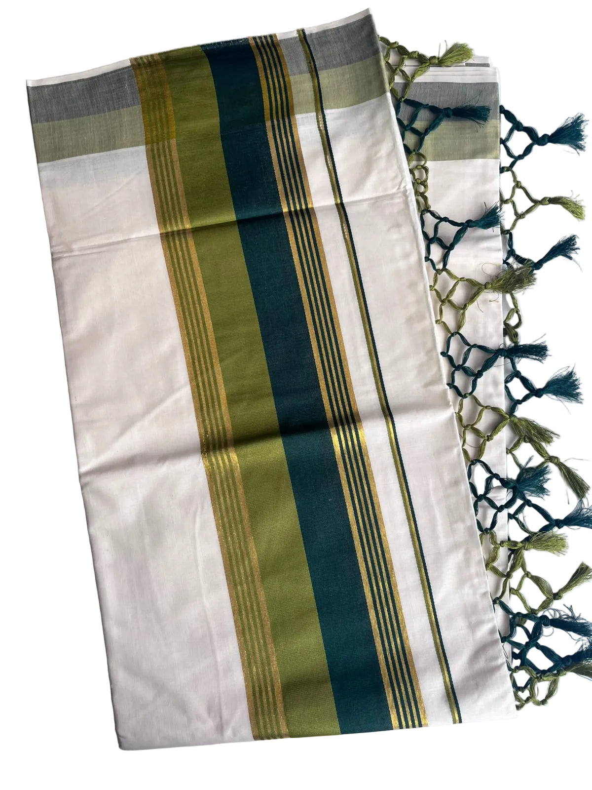 Kerala Cotton Kasavu Saree With Olive Green And Bottle Green Borders SL499