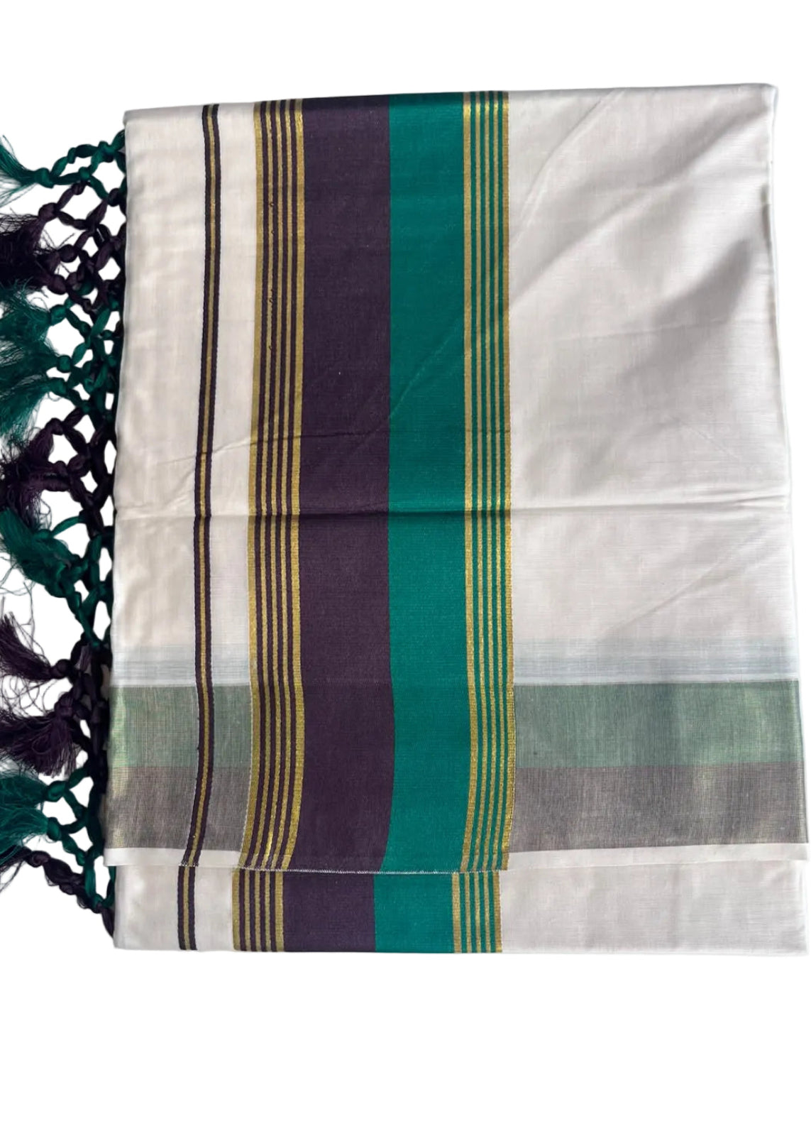 Kerala Cotton Kasavu Saree With Green And Brown Borders SL499