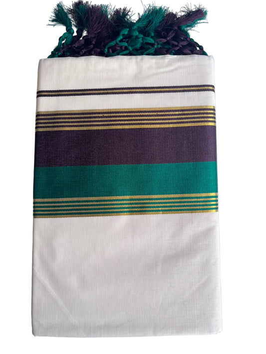 Kerala Cotton Kasavu Saree With Green And Dark Purple Borders SL499