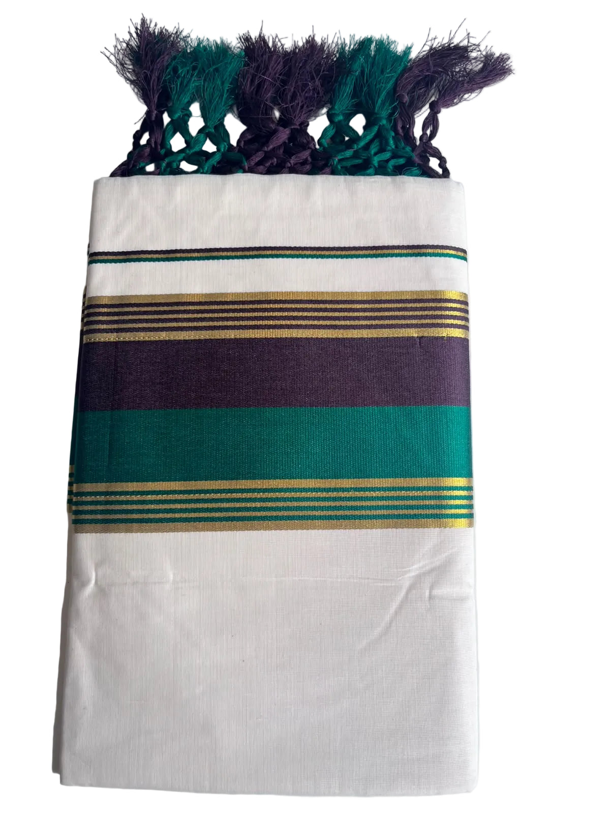 Kerala Cotton Kasavu Saree With Green And Dark Purple Borders SL499